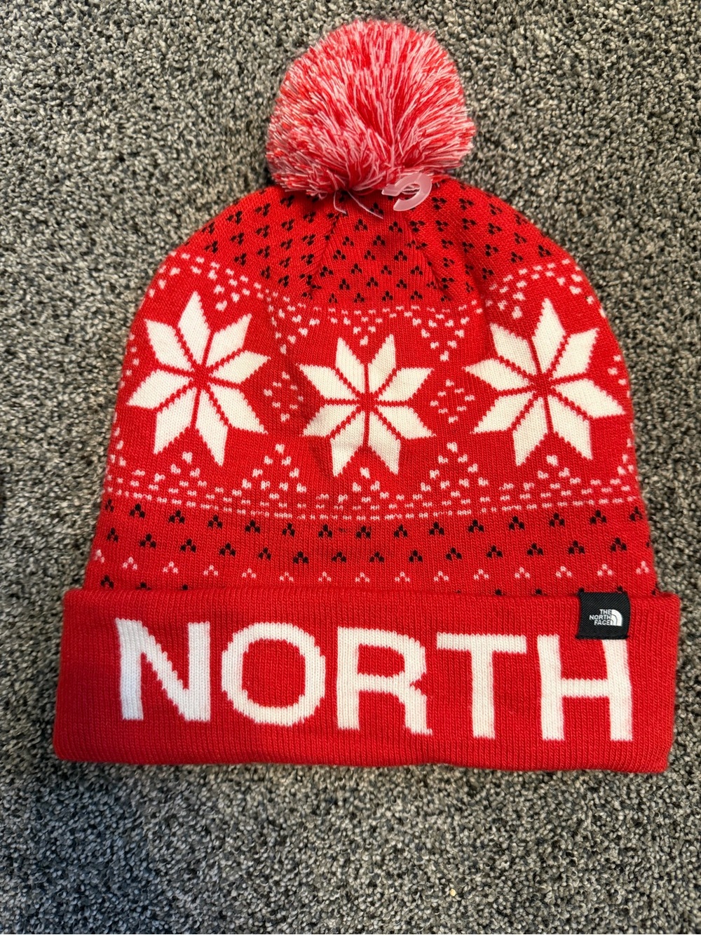 The North Face Fair Isle Knit Pom Pom Beanie Hat Red One Size Unisex